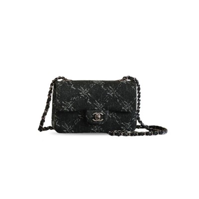 CHANEL MASTER BLACK QUILTED DENIM TIMELESS DOUBLE FLAP BLACK HARDWARE (20*10*7cm) 